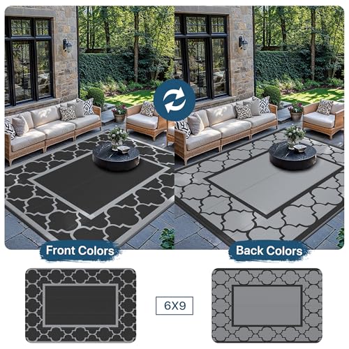 GENIMO Outdoor Rug Garden Rugs Waterproof Reversible Plastic Carpet, Washable Large Outdoor Rug for RV, Patio, Camping, Picnic, Deck, Camper, 180x275cm, Black & Grey