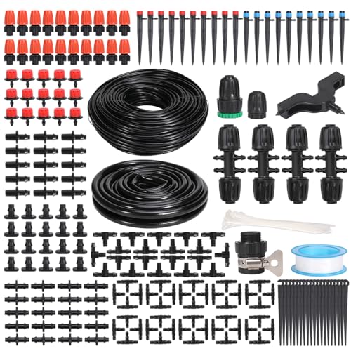 YAKHAN 221 PCS Drip Irrigation System Kit, 60M 1/4 Inch - 9M 1/2 Inch 230FT Automatic Garden Watering DIY System, Garden Automatic Irrigation Equipment for Lawn, Greenhouse, Flower Beds, Pot Plants