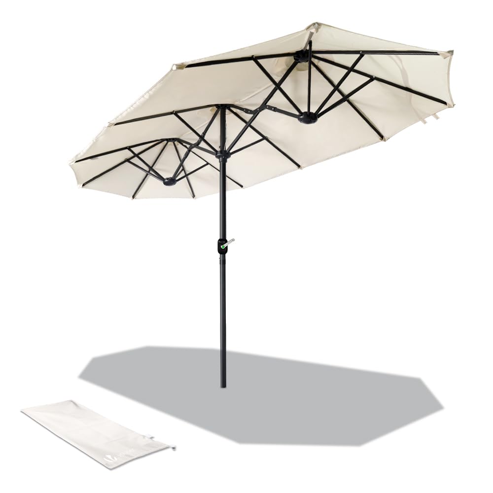 VOUNOT® 3m Double Garden Parasol, Extra Large Rectangular Patio Table Umbrella, with Crank Handle, Protective Cover, UV 50-, Beige