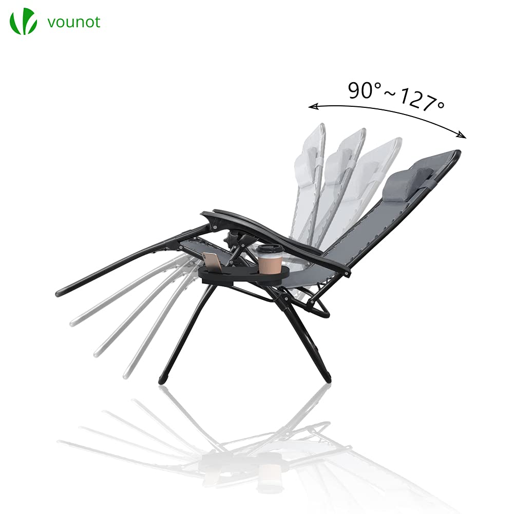 VOUNOT® Set of 2 Zero Gravity Sun Loungers, with Cup Holder and Phone Hoder, Adjustable Textoline Reclining Garden Chairs, Grey