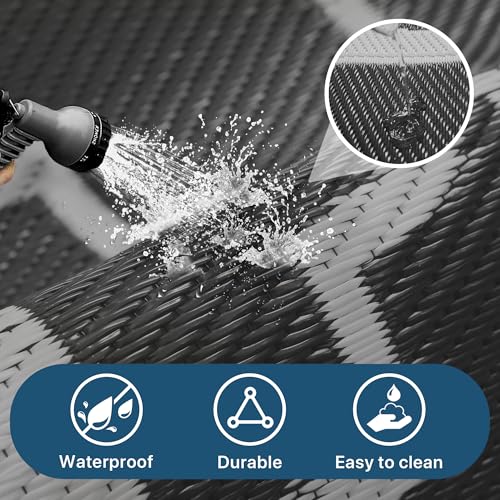 GENIMO Outdoor Rug Garden Rugs Waterproof Reversible Plastic Carpet, Washable Large Outdoor Rug for RV, Patio, Camping, Picnic, Deck, Camper, 180x275cm, Black & Grey