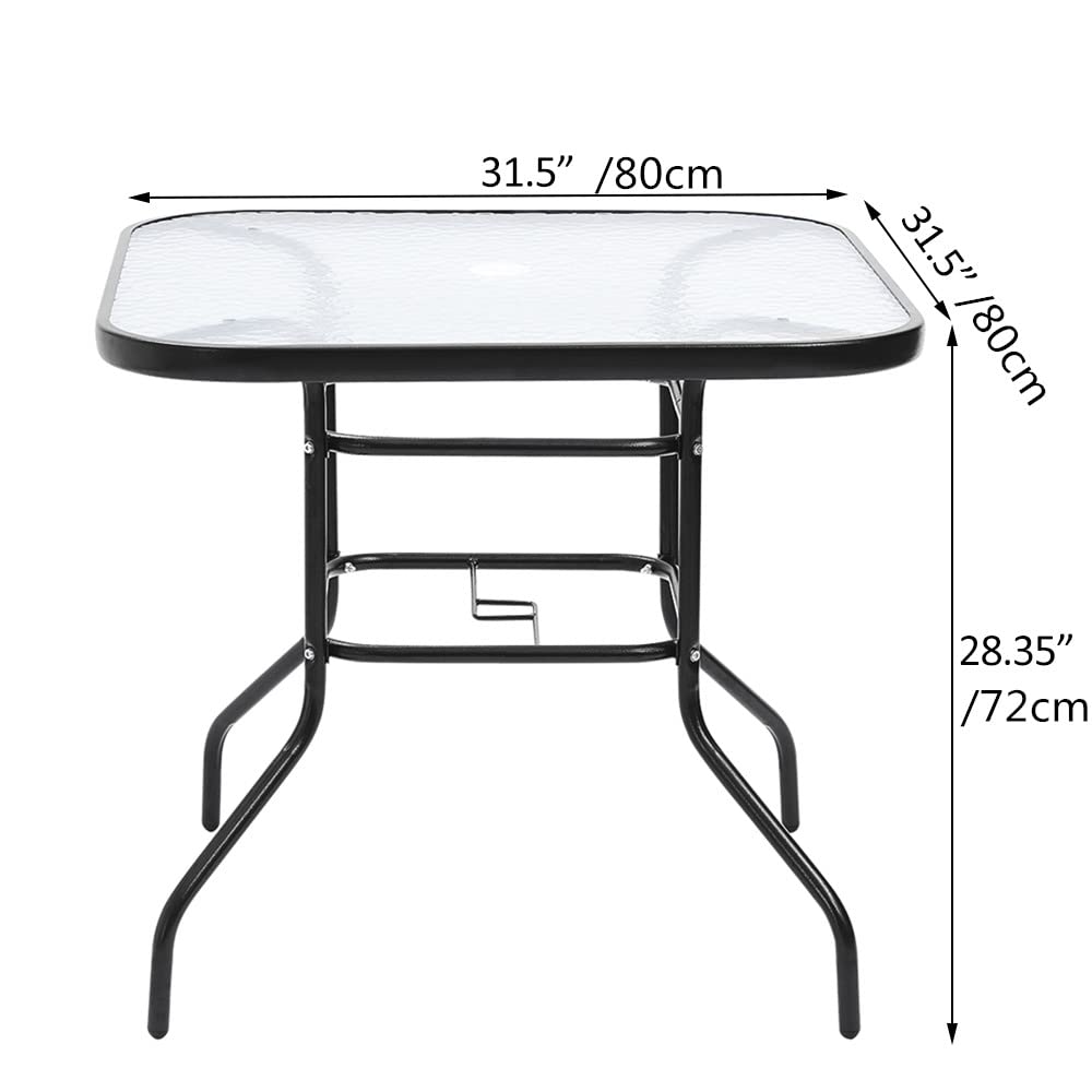 Panana 80cm Square Garden Dining Table with Parasol Hole, Outdoor Coffee Table with Tempered Glass Tabletop, Metal Frame for Backyard, Patio, Balcony