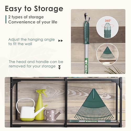 ORIENTOOLS Garden Leaf Rake, Adjustable Lightweight Steel Handle, Comfortable Grip Handle, Plastic Head，Poly Shrub Rake,26 Tines,110 to 168cm (Silver Handle)