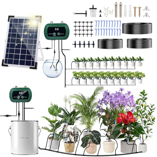 Irrigation System Kit,Solar Drip Irrigation System 20 Drippers,Multiple Combinations of Automatic Watering System with 20M irrigation pipes Self Watering System for Plants,Greenhouse,Garden,Balcony