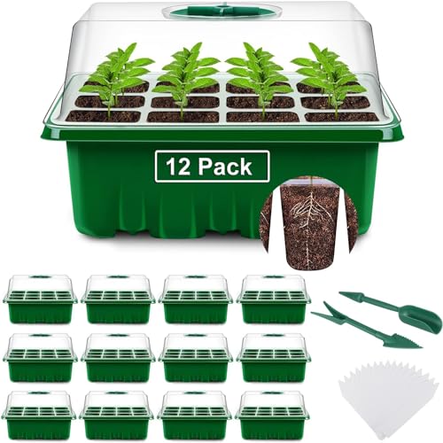 YAUNGEL Seed Trays, 12 Pack 144 Cells Propagator Growing Thicken Seedling Starter Growing Trays with Clear Lids/Adjustable Window for Greenhouse & Gardens, Green