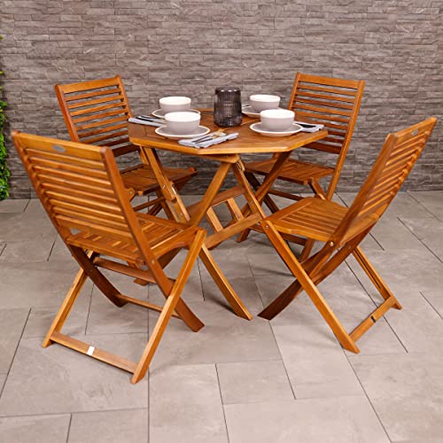 Charles Bentley FSC Hardwood Octagonal Dining Table, Folding, Space Saving, Central Parasol Hole, Acacia Hardwood, Oil Coated, Natural Colour, Garden, Patio, Family, Traditional Design, (90x90x74cm)