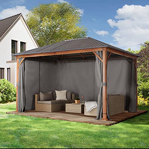 TOOLPORT Garden gazebo 3x4 m wood finish, steel roof hardtop 4 side panels in grey
