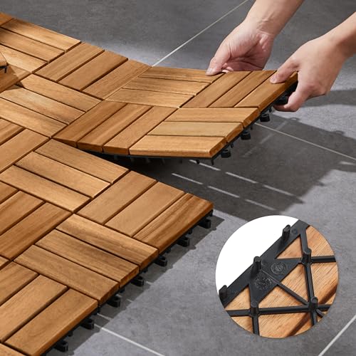 Yaheetech 1 Pack Acacia Wood Interlocking Patio Deck Tiles, Waterproof Solid Flooring Tiles for Indoor Outdoor, 31 cm W × 31 cm L Garden Deck for Patio Garden Poolside All Weather Use, Total 27pcs