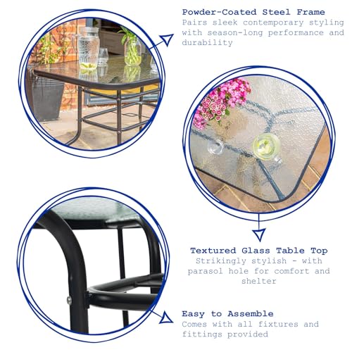 Harbour Housewares Glass Top Garden Table - Black Metal Frame Outdoor Furniture Garden Patio Furniture Modern Square Dining Table Bistro Tables for Outdoor Dining
