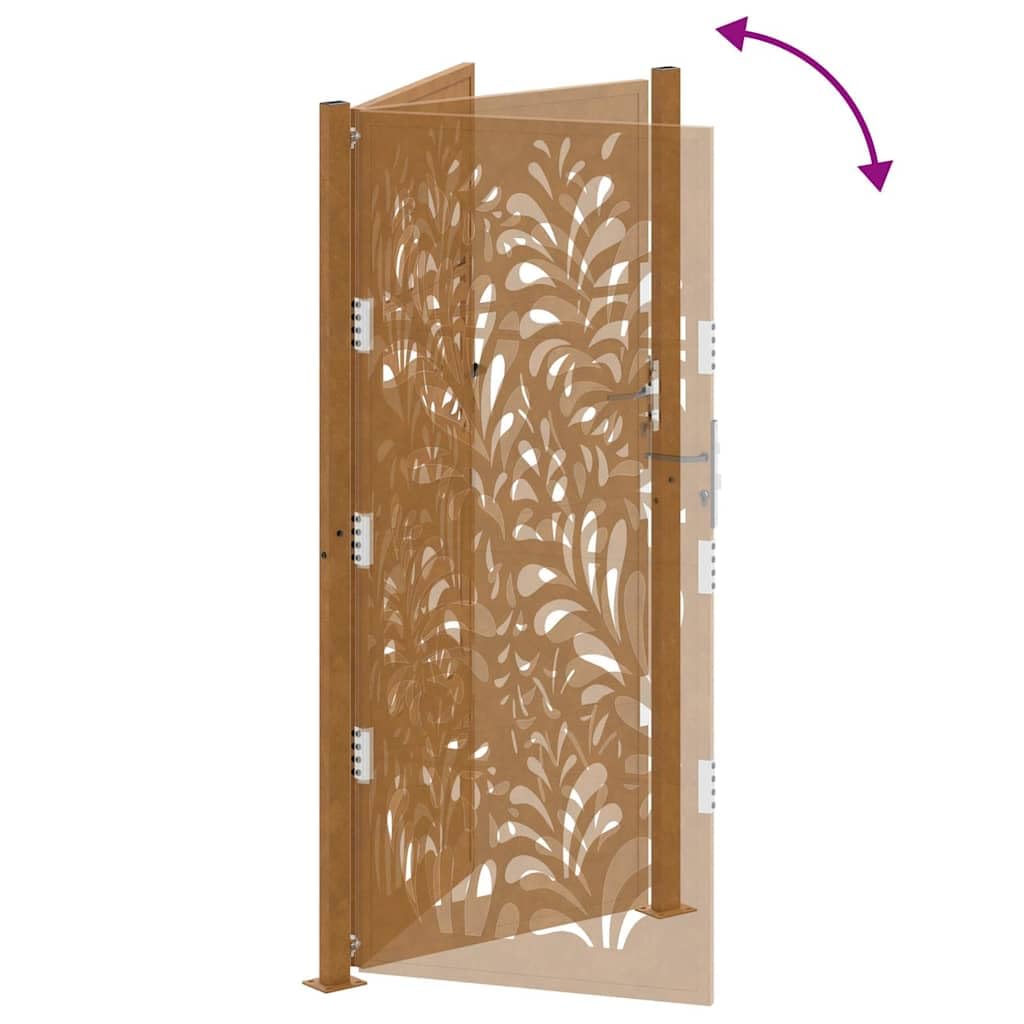 vidaXL garden patio gate - weathering steel, 105x205 cm, wave laser-cut design, rustic charm, lockable safety