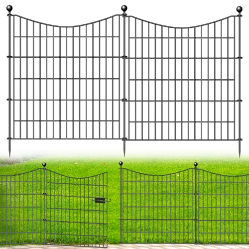 5 Panels Decorative Garden Fence with Gate - 32 in(H) X 12 ft(L) Dog Fence for Yard - Rustproof Metal Garden Edging - Temporary Fencing Stakes