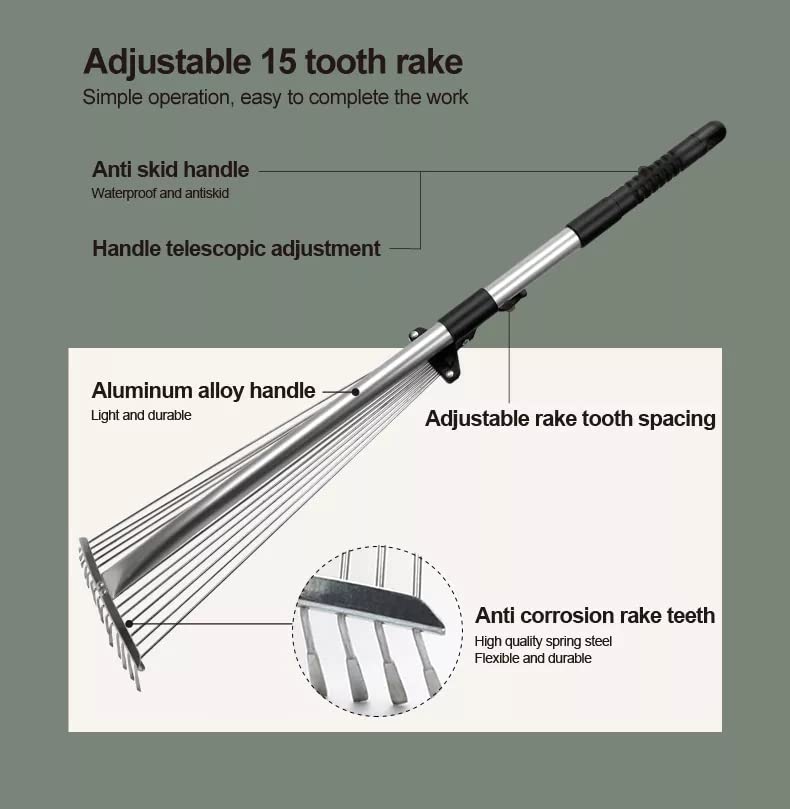 Unibos | Garden Rake | Rake for Gardening | Soil Rake Artificial Grass Leaf Rake 25 tines | Moss Rake for Quick Clean up Lawn & Yard Garden Rakes Gifts | 38-63 inch Adjustable