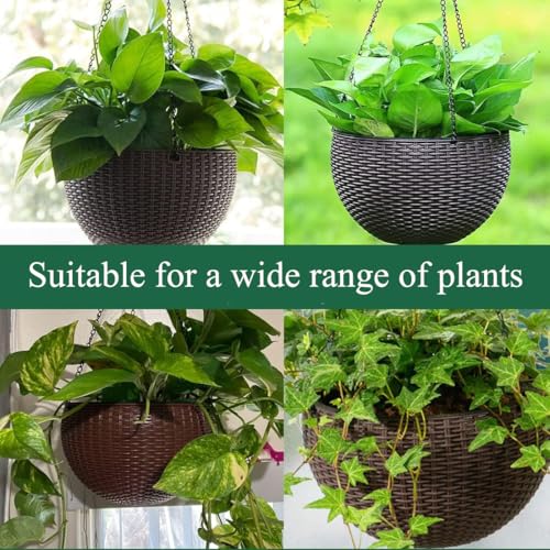 WOWEI 2 Pack Hanging Basket Outdoor Self Watering Hanging Plant Pot with Water Reservoir & Drain Hole Outdoor Hanging Baskets for Plants with Chains for Garden Flower Planter (Black, L)