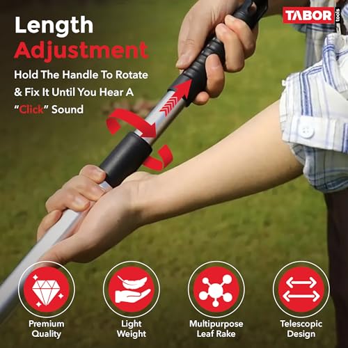 TABOR TOOLS J16E Telescopic Metal Rake, 160 cm long, Adjustable Folding Leaves Rake for Quick Clean Up of Lawn and Yard, Garden Leaf Rake, Expanding Handle with Adjustable 20-58cm Folding Head