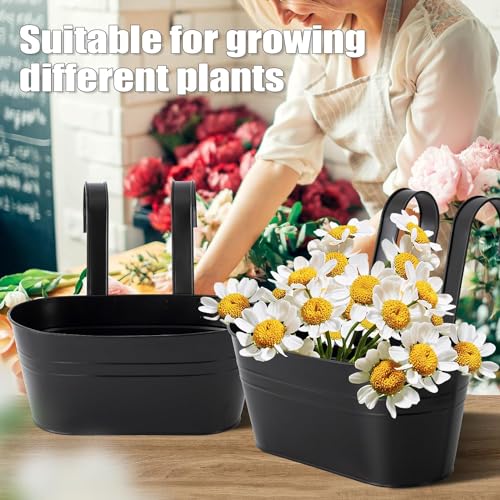 LATERN 4Pcs Metal Hanging Flower Pots, 27.5cm Large Plant Pots Hanging Flower Bucket with Detachable Hook for Balcony Fence Garden Home Decor (Black)