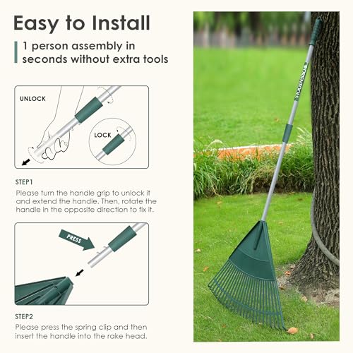 ORIENTOOLS Garden Leaf Rake, Adjustable Lightweight Steel Handle, Comfortable Grip Handle, Plastic Head，Poly Shrub Rake,26 Tines,110 to 168cm (Silver Handle)
