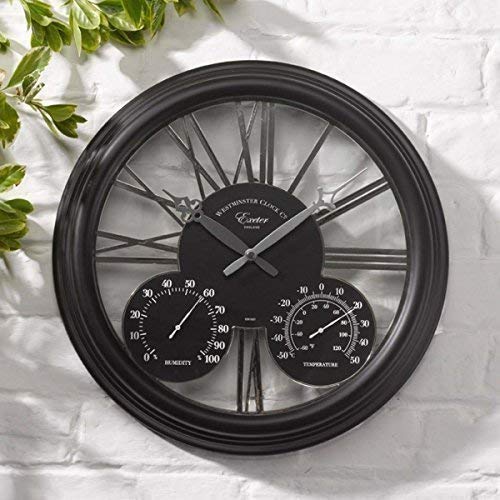 Homezone Large Black garden clock with thermometer and barometer - Battery Power Operated Quartz Waterproof Weatherproof Garden Clock - Black Indoor or Outdoor Weather Station for Garden Patio