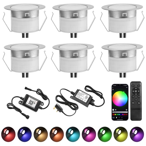GEYUEYA Home LED Decking Lights RGB Ø45MM 12V 0.5W WiFi LED Decking Patio Lighting for Terrace Kitchen Outdoor Indoor Lamps with Remote Control - 6 Packs