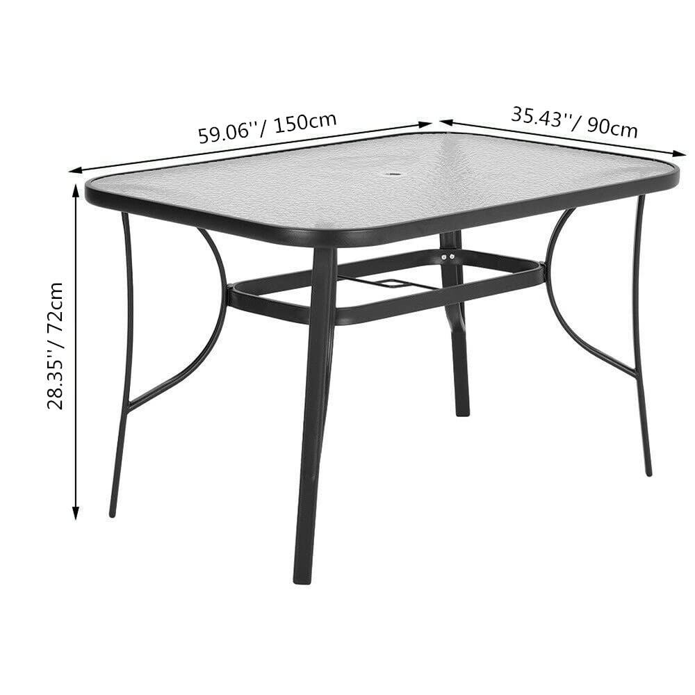 Panana Garden Dining Table with Tempered Glass Top Parasol Hole Metal Frame Coffee Table Furniture Conservatory Outdoor Patio Balcony 150x90x72cm