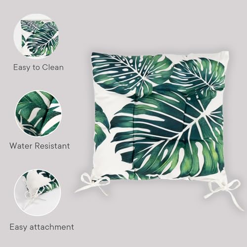 OHS Outdoor Seat Pads Tropical Leaf, Water Resistant Garden Seat Pads for Outdoor Furniture Bistro Chairs Comfy Soft Outdoor Patio Chair Cushions, Pack of 2 Green/White