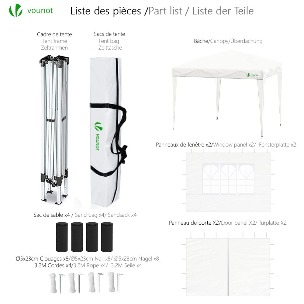VOUNOT® 3m x 3m Pop Up Gazebo with Sides & 4 Weight Bags & Carry Bag, Marquee Garden Party Tent Outdoor, White