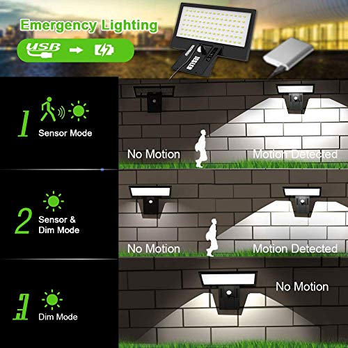 JESLED Solar Powered Lights Outdoor/Outside for Garden Fence Door Yard Pathway, 90 LED Solar Motion Sensor Security/Wall Lights Waterproof 2600mAh, USB Charging (1 Pack)