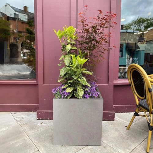 IDEALIST 50cm Large Square Planter for Trees | Grey Reinforced Stone Flower Pot with Drainage Holes L50 W50 H50.5 cm, 92 litres