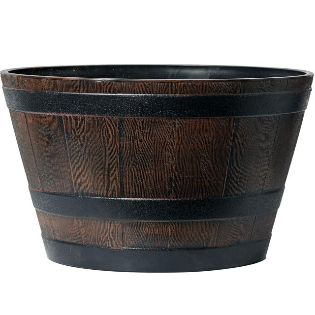 Muddy Hands Extra Large 50 Litre Dark Brown Wooden Barrel Effect Plant Pot Round Outdoor Garden Flower Tree Plastic Planter (Diameter: 56cm - Height: 34cm)