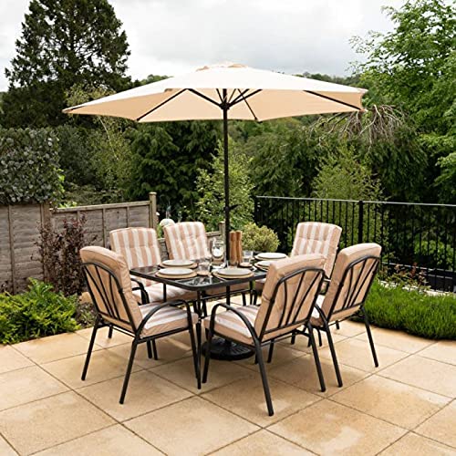 Hectare 6 Seater Garden Furniture Outdoor Table and Chair Set with Parasol Hadleigh Patio Table/Chair/Parasol Dining Furniture (Beige)