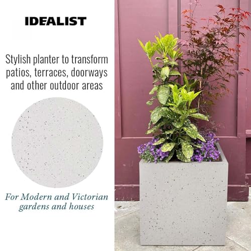 IDEALIST 50cm Large Square Planter for Trees | Grey Marble Effect Reinforced Stone Flower Pot with Drainage Holes L50 W50 H50.5 cm, 92 litres