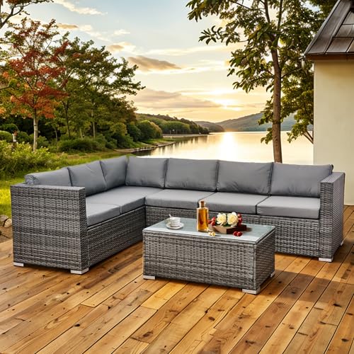 Aweather 6 Seater Rattan Corner Sofa Set – Grey