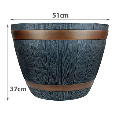 Rustic Style Dark Grey Plastic Half Barrel Cask Planters 51cm Diameter - Set of 2 - Indoor & Outdoor Flower/Plant Pot.