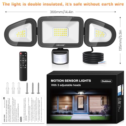 MEIKEE 42W Security Lights Outdoor Motion Sensor 3600LM 6500K Daylight White PIR Floodlights Outdoor 4 Modes Timing with Remote Control IP66 Waterproof 180° Adjustable for Garden Garage Doorways