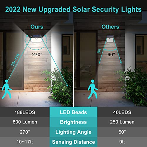 WELALO Solar Security Lights, 188 LED Solar Motion Sensor Lights, IP65 Waterproof Solar Lights Outdoor Garden, 3 Modes PIR Solar Powered Wall Lights for Outside Garden Fence Door Yard (2 Pack)