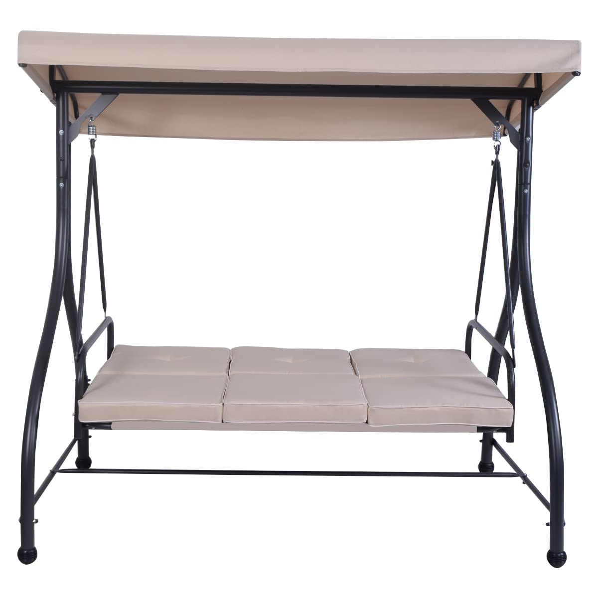 COSTWAY 3 Seater Garden Swing Chair, Convertible Outdoor Hammock Bench Chair with Adjustable Canopy and Cushions, Steel Frame Porch Patio Swing Seat Lounger for Balcony, Deck and Poolside (Beige)