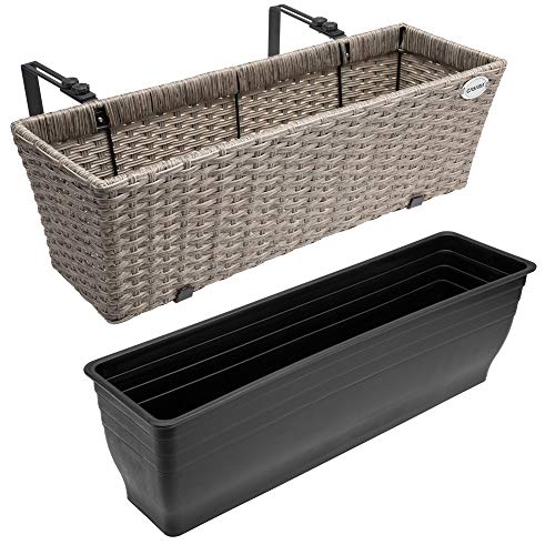 CASARIA® Set of 2 Flower Boxes | Weatherproof Rattan | Hangable with Mounting Brackets | Floating Planters Balcony | Windowsill | Railing | Gate | Fence | 60x20x19cm | 11 L | Cream