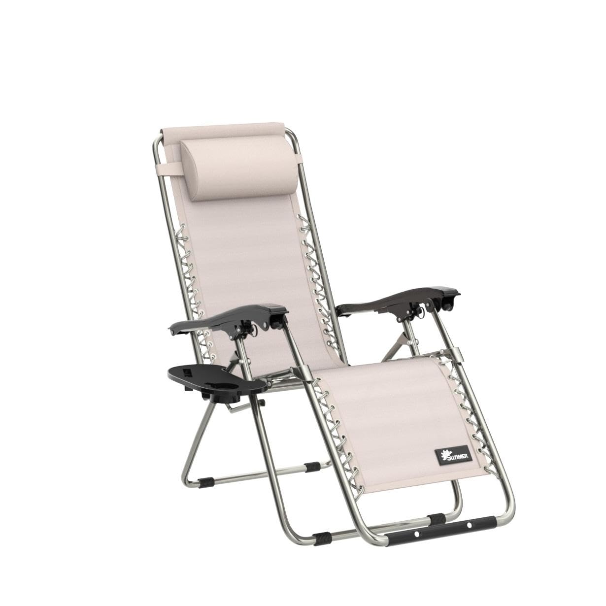 SUNMER Set of 2 Sun Lounger Garden Chairs With Cup And Phone Holder - Deck Folding Recliner Zero Gravity Outdoor Chair - Grey/Grey