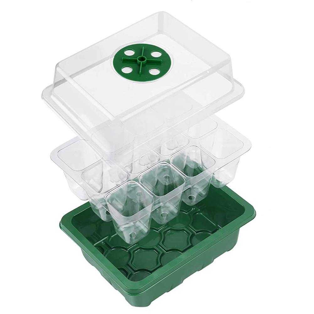 Fuuner Seed Trays,12 Pack 144 Cells Seedling Tray Kits, Garden Seed Propagator Set, Plant Germination Kit with Adjustable Humidity Dome and Base, for Greenhouse Grow Plant Seed, 12 Cells per Tray