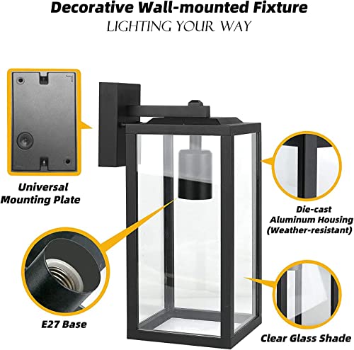 BRIMMEL Outdoor Wall Lights Aluminum Black Lantern Porch Light for Entryway Doorway, Outdoor Wall Lantern with Anti-Rust Sconce Light Fixture with Clear Glass Shade, Matte Black
