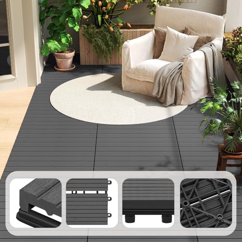 WOLTU 6 x WPC Composite Decking Boards 30 x 60 cm (1 m²) Interlocking Wood Effect Terrace Tiles Flooring with Click System, Grey, GTF005gr