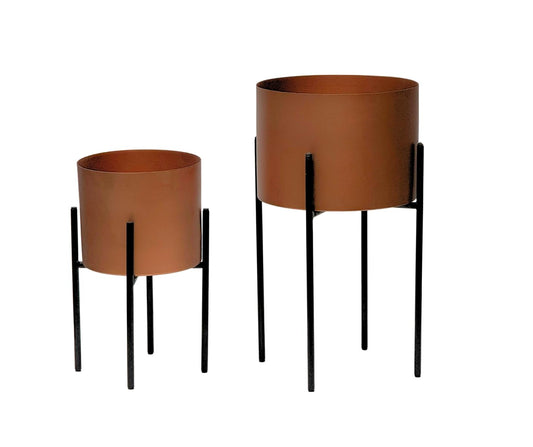 Trendi Set of 2 Versatile Metal Planters With Reversible Stand Plant Pots for Indoor/Outdoor (Bronze/Copper Colour with Black Stand)