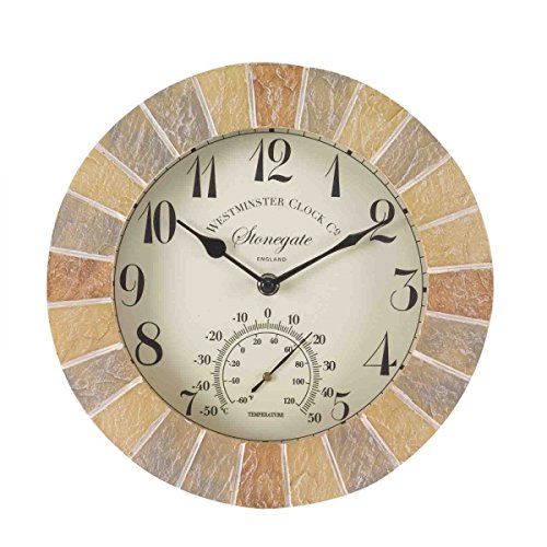 Homezone® Interiors Traditional 10" Vintage Style Clock Garden Ornament Wall Clock with Stone Effect - Large Weatherproof Battery Operated Thermometer Barometer Mountable for Indoor and Outdoor