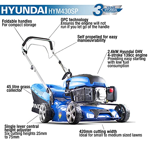 Hyundai Petrol Self Propelled Lawnmower, 17"/43cm 139cc, Recoil Pull Start, 5 Adjustable Cutting Heights, Large 45l Grass Collector Bag, Foldable Handles, 3 Year Warranty,