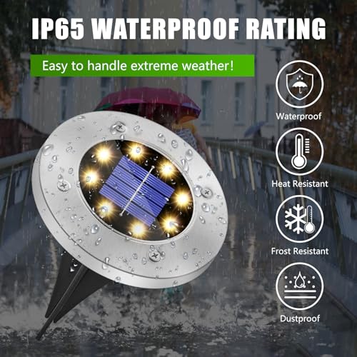 SCNNC Solar Lights Outdoor Garden, 8 LEDs Solar Ground Lights Warm White IP65 Waterproof Decking Light, Solar Powered Pathway Lights Garden Solar Disk Lights for Lawn Yard Patio Landscape, 8 Pack