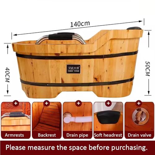 ZCBYBT Mobile Spa Deep Soaking Tub Japanese Style Solid Wood Soaking Tub Free Standing Wooden Bathtub with Armrest,140cm