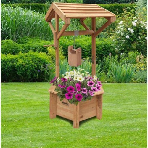 Vivo Technologies Wooden Wishing Well Planter for Garden, Wishing Well Garden Feature Outdoor Flower Pot Backyard Garden Decor, Natural