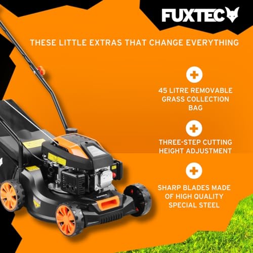 FUXTEC FX-RM4180 Petrol Lawnmower – Hand Push Lawn Mower -16" Cutting Width, Lightweight & Compact, 45L Grass Collector, Easy to Maneuver, Great for Small to Medium Lawns