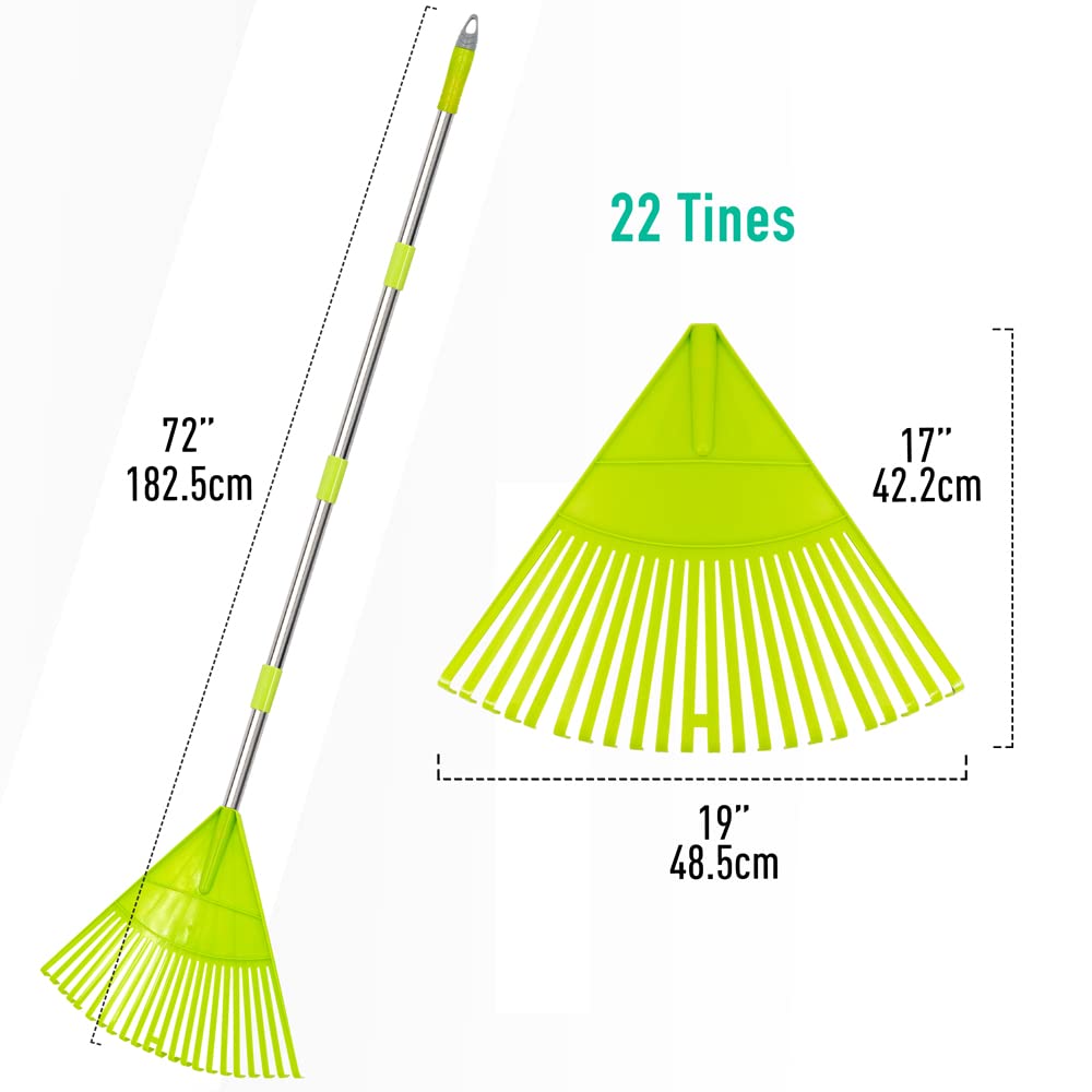 Colwelt Plastic Leaf Rakes, Garden Lawn Rake with 142cm Lightweight Stainless Steel Handle, Include 22Tines Plastic Head & Garden Gloves, Garden Rake Leaf to Collect Loose Debris