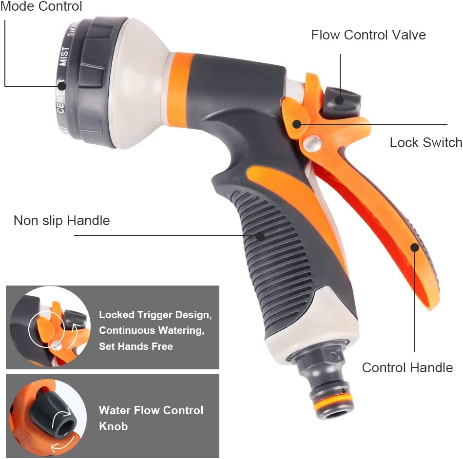 Garden Hose Pipe Spray Gun,8 Adjustable Patterns Hose Nozzle, High-Pressure Anti-Slip Water Hose Spray Gun for Plants & Lawns Watering, Car & Bike Washing and Pets Bathing