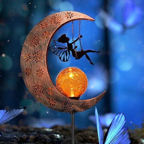 TERESA'S COLLECTIONS Fairy Garden Ornaments Outdoor, Large Fairy Swinging on the Moon Solar Lights for Garden Gifts, Solar Stake Lights with Crackle Glass Ball for Lawn Yard, Garden Path, 39inch